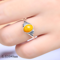 S925 pure silver ring empty toDIY studded emerald green pine stone amber honey wax jade ring-to-live female 6 * 8
