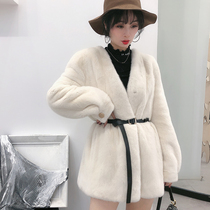  2020 Haining new imported mink fur coat V-neck mink coat female whole mink mid-length fashion young