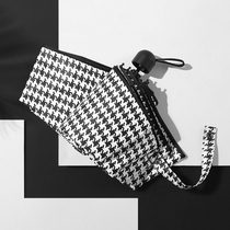 Creative trend men tri-fold automatic houndstooth umbrella dual-use half off ultra-portable pocket sun umbrella