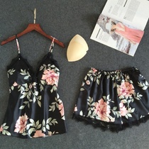 Silk suspender pajamas womens shorts Sexy summer thin ice ribbon chest pad suit Silk fashion home wear