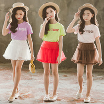 Girls suit 2020 Childrens clothing Summer Korean edition Childrens princess dress printing suit Middle and large childrens two-piece set