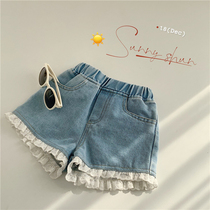Korea 2021 summer new pants small children comfortable soft denim shorts lace casual hot pants