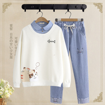 Big childrens sweater two-piece set 17 Japanese junior high school girls suits Korean version students loose college style casual girls clothes