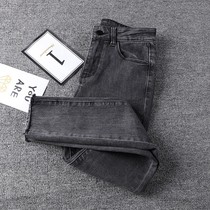 Small smoky gray denim eight-point pants womens 2021 new trendy Korean high-waist tight skinny nine-point pants
