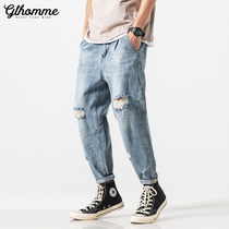 Autumn trend brand mens ripped jeans loose straight Korean version of the trend thin ins nine-point pants mens light color