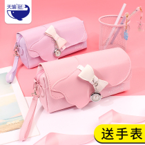 Junior high school elementary school students simple pencil case three-layer large-capacity pen bag cute girl heart hand-held stationery bag net red canvas stationery box girl in tide belt watch pen bag