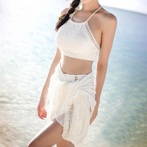 Sexy backless hanging skirt style swimsuit three-piece womens white high-waisted hot spring small breasts gather cross strap swimwear
