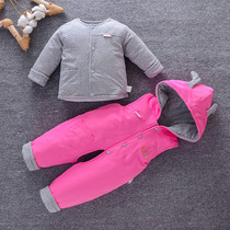 Girls  net red suit Western style cotton coat jacket Baby 9 months autumn and winter padded out bib pants two-piece set