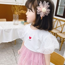 Girls short-sleeved top 2020 new summer clothes childrens female baby lace bubble sleeve half-sleeved girl T-shirt childrens clothing