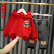 Boy plus velvet suit winter 2021 new autumn and winter boy baby thick childrens dress Korean version two-piece set