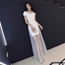 One-shoulder evening dress female 2018 new white banquet long noble temperament queen sexy thin host