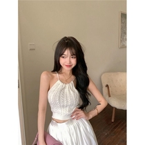 Net red hanging neck camisole womens 2021 summer new style inner and outer wear hollow tie design sense niche top