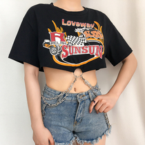 Hong Kong flavor retro short-sleeved womens tide black letter top Joker short open waist loose T-shirt chain design sense tide