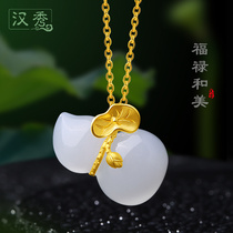 Han Xiu gold inlaid jade and Tian jade pendant womens jade lotus flower 999 gold Jasper Mothers Day to send mother