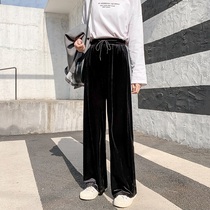 Golden velvet wide leg pants spring and autumn winter casual pants high waist black straight pants womens loose drop feeling drag long pants