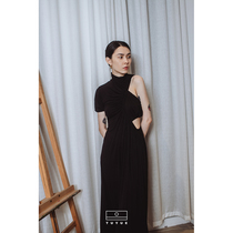 Painted moon design black zipper hanging neck style one-piece dress Summer small crowdcotton asymmetrical hollowed-out cashew fairy Long dress