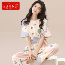 Gujin@Pajamas Womens Spring and Autumn Cotton Short-sleeved Trousers Summer Thin Section Womens Cute Cotton Home Service Set