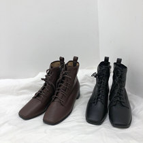 Mingming Bean Super Joker Soft Leather Locomotive Martin Boots Female Square Head Chelsea Short Boots Autumn and Winter Comfortable Black Boots