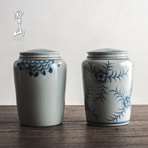 Shengshan hand-painted blue and white ceramic tea cans retro coarse pottery sealed tea storage cans Jingdezhen large tea cans sealed cans