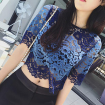 Hong Kong Tide 2021 new sexy hollow lace T-shirt womens short sleeve top slim gradient base shirt