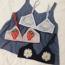Mi Erjia INS summer ultra-thin without steel rim embroidery bralette cute strawberry triangle cup underwear without bumps