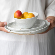 Three homes original handmade Japanese coarse pottery tableware simple household fruit plate tableware art retro pottery tableware plate