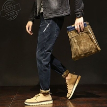 Yu Wenle tide brand autumn and winter mens Korean version plus velvet thickened loose straight jeans casual pants trousers warm
