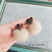 Temperament mink hair ear clip without ear holes long hair ball short Khaki female fake earrings Korean female fluffy autumn and winter