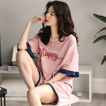 Pajamas ladies summer thin solid color cotton short sleeves less summer cartoon cute suit home clothes wear spring and summer