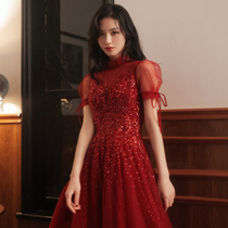 Toast to the bride High feeling 2021 Summer new wine Red Temperament Banquet Little Sub Back Door Engagement Evening Gown