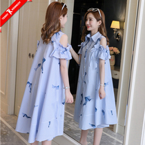 Maternity dress summer Chiffon hot mom foreign style age reduction small fresh long over-the-knee strapless summer thin maternity dress