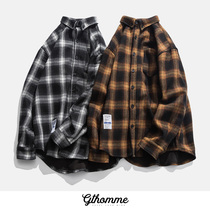 gthomme2021 autumn new mens plaid shirt brushed Japanese trend loose handsome long-sleeved shirt
