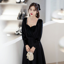 Black Dress Girls Feminine Temperament Normally Can Wear Dinner Will Dress Silk Suede Long Sleeve Summer High-end Atmosphere Annual Meeting