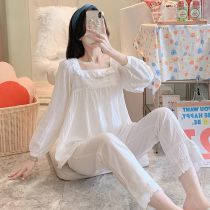 Pyjamas womens spring and autumn style woven cotton white pure cotton square collar cute palace 2022 Summer new princess Home Residence Clothes
