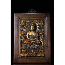 Sandalwood inlaid with red copper painted Sakyamuni Thangka-ZT10147