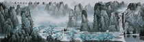 Famous white snow stone style landscape (504) Chinese painting Lijiang spring scenery calligraphy painting eight feet across the horizontal