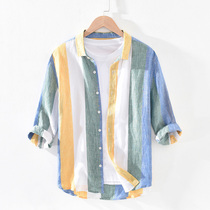 Hipster color stripe seven-point sleeve linen shirt mens small collar pure linen top loose middle sleeve cotton linen shirt