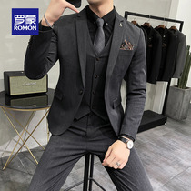 Lomon suit set mens striped suit three-piece Korean version slim professional plus size groom wedding groomsman suit