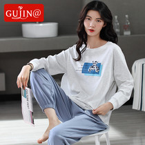 Gujin@Pajamas Womens Spring and Autumn Pure Cotton Long-sleeved Trousers Ladies Loose Large Size Cotton Autumn and Winter Home Service Set