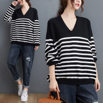 Long sleeve needle cardiovert 2022 spring autumn new loose large size slim striped V collar thin strip bottom outside wearing sweater