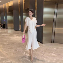Temperament dress female 2021 summer new three acetic acid V-neck lotus leaf sleeve waist long fishtail dress