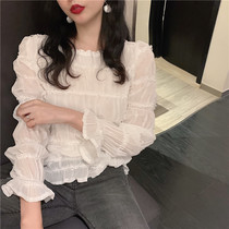 2021 spring new long-sleeved sweet chiffon shirt feminine temperament with mesh small shirt princess style beauty body top