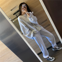 nam kk Korean womens dress knock nice loose Joker gray waffle casual sweater trousers suit