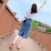 Light-colored denim skirt womens 2021 summer new high-waisted straight loose wild split over the knee mid-length skirt