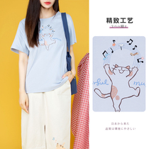 HIKOSEN CARA KARA CAT SPRING SUMMER SHORT SLEEVE T-SHIRT STUDENT SHORT SLEEVES LOOSE WOMENS JAPANESE PRINT WHITE TOP