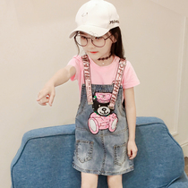 Girls  summer denim strap dress 2021 new short-sleeved suit Western style fashionable childrens middle and large girl tide