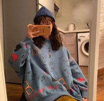 Fall Big Code Womens Clothing 200 Catty Loose Plus Hypertrophy version Graffiti Long sleeves Weater jacket head Han version of the thin section