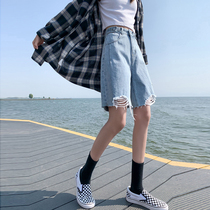 Five-point denim shorts womens summer thin 2022 new a-shaped wide legs high waist Korean version of hot girl loose middle pants