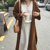 2022 Autumn Winter New Open Fork In the Long Lazy Wind Loose Mesh Red Knit Over Knee Sweater Dress Jacket Woman