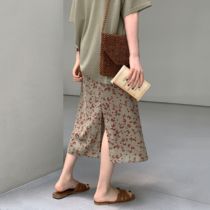 (Limited time 9fold) Retro casual small floral slim straight back split mid-length half skirt F0605
